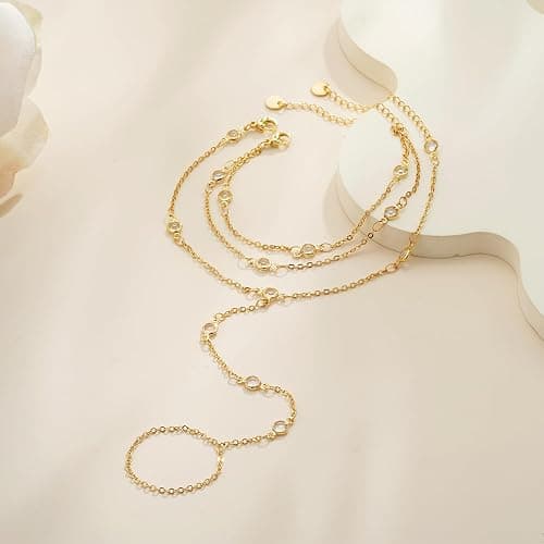 Decholly Hand Chain Bracelets for Women - 14K Real Gold Plated Dainty Stackable Paperclip Link Bracelets Hand Chain Bracelet Ring Gold Bracelets for Women Trendy thumbnail 5