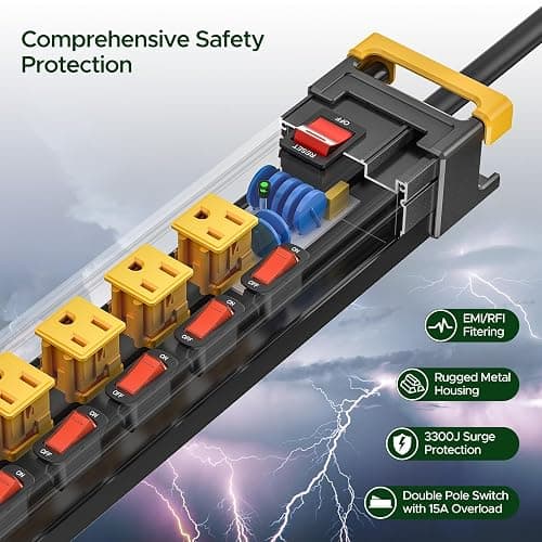 12 Outlet Long Heavy Duty Power Strip with Individual Switches,3300J Surge Protector Metal Power Strip,Wide Spaced,6Ft Cord Managment for School,Garage,Office,Workbench,ETL Listed(15A/1875W) thumbnail 4