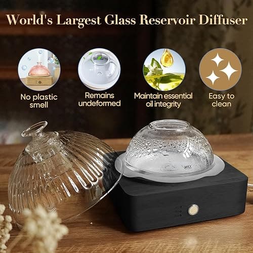 Glass Dome Essential Oil Diffuser with Glass Reservoir & Wood Base-Plastic Free, 200ml Ultrasonic Diffuser for Aromatherapy with Timer 7 Color Light Auto-Off for Gift Home Office Yoga Dark Brown thumbnail 2