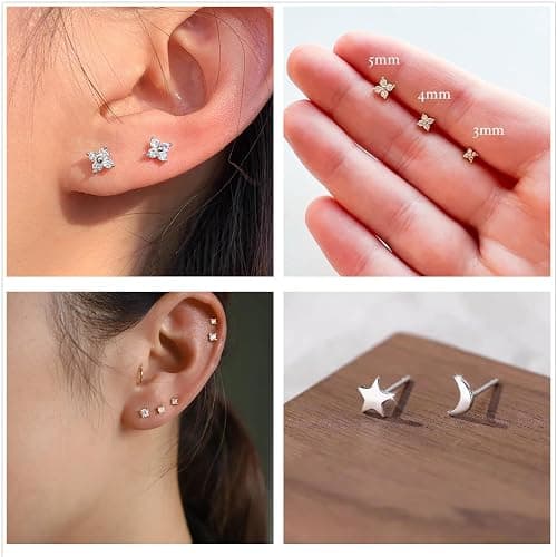 Lunvky 3 Pairs 14K Gold Plated Stud Earring Sets for Women Dainty 925 Sterling Silver Earrings for Multiple Piercing Tiny Cartilage Tragus Cute Trendy Post Earrings Stacks Jewelry Gifts thumbnail 5