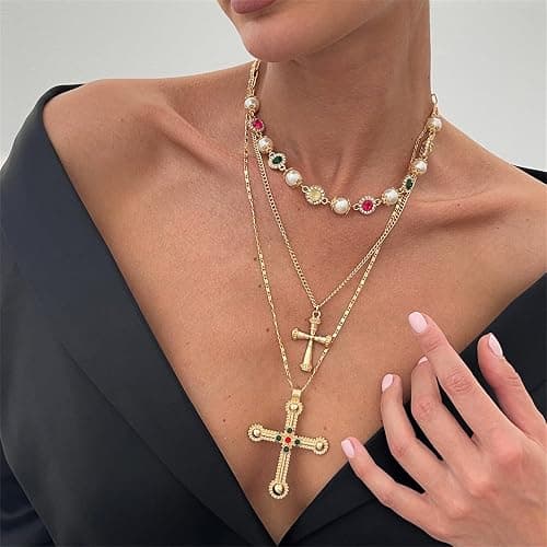 Vintage Layered Cross Necklaces Set for Women,Gold Long Chain Crystal Pendant Necklace Pearl Colorful Crystal Gemstone Necklace Multilayered Statement Necklaces Boho Summer Beach Jewelry thumbnail 2