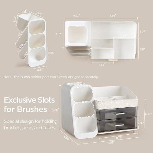 HBlife Makeup Organizer with Brush Holder for Vanity, Large Plastic Bathroom Countertop Organizer Skin Care Storage, Easy to Store Lipsticks, Nail Polishes, Perfumes, Eyeshadow Palettes, Pearl White thumbnail 2