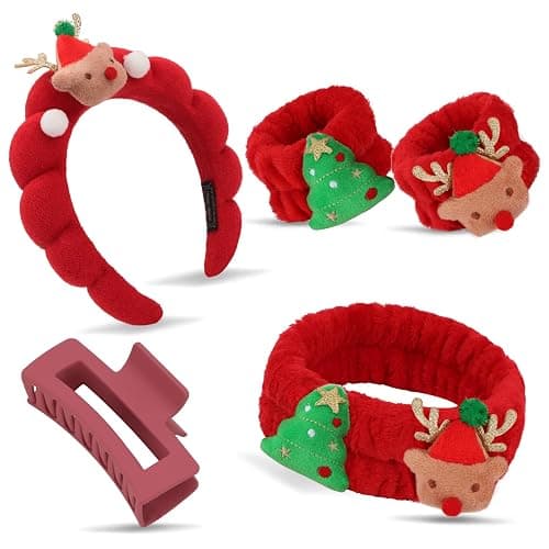 AMCAMI Christmas Makeup Headband Wristband Set with Hair Clips,Headband for Washing Face, Skincare,Spa,Christmas Hair Accessories Gifts, Stocking Stuffers - Image 1