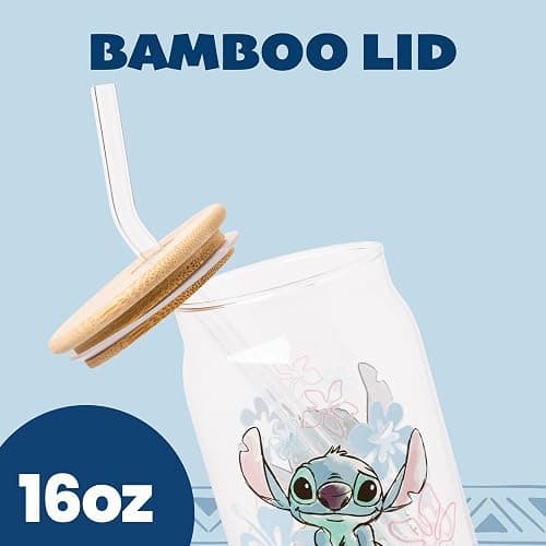 Silver Buffalo Disney Lilo and Stitch Ohana Floral Glass Jar Tumbler with Bamboo Lid and Glass Straw, 16 Ounces thumbnail 5