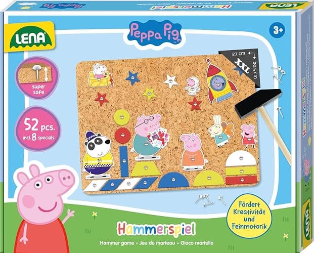 Lena® Hammerspiel Peppa Pig – Kreatives Set mit 44 bunten Plättchen, Hammer, Nägeln und Korkplatte, ab 3 Jahren - Image 1