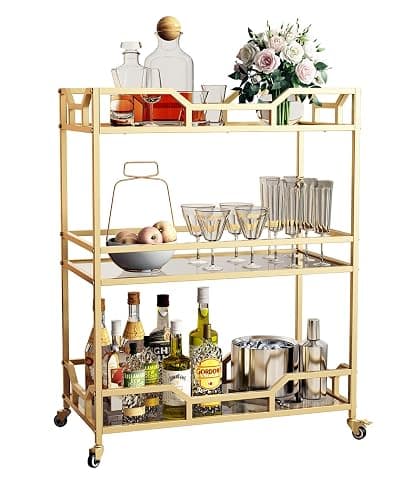 LORMITER Square Gold Bar Carts with 3 Tier Storage Glass Shelves Holder Home Serving Bar Carts on Wheels for Kitchen, Bar, Dinning Room - Square Carts thumbnail 2