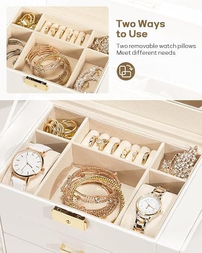 Homde Synthetic Leather Huge Jewelry Box Mirrored Watch Organizer Necklace Ring Earring Storage Lockable Gift Case (White + Gold) thumbnail 5