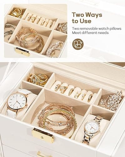Homde Synthetic Leather Huge Jewelry Box Mirrored Watch Organizer Necklace Ring Earring Storage Lockable Gift Case (White + Gold) thumbnail 6