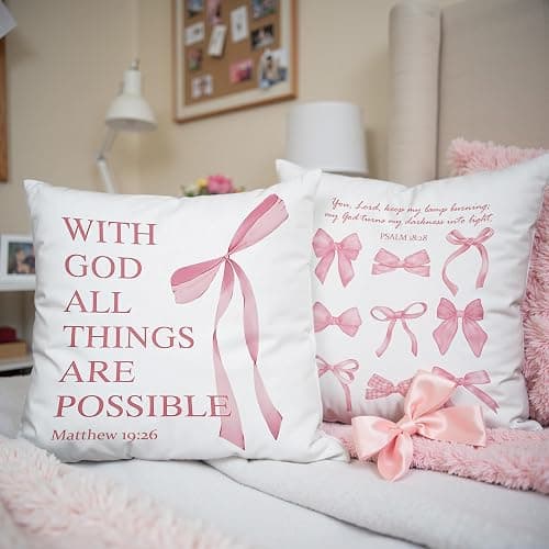 GTYNU Coquette Pink Bow Christian Throw Pillow Covers 18x18 Set of 2,Pink Bow Christian Room Bedroom Dorm Decor Aesthetic for College Teen Girls Gifts, Inspirational Bible Verses Bow Pillowcase（02） thumbnail 4
