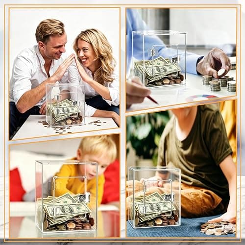 Anvin Acrylic Piggy Bank with Key - Clear Money Saving Bank for Adults & Kids - Secure Lock & Reusable Visual Goal Tracker - Modern Transparent Coin Jar thumbnail 7