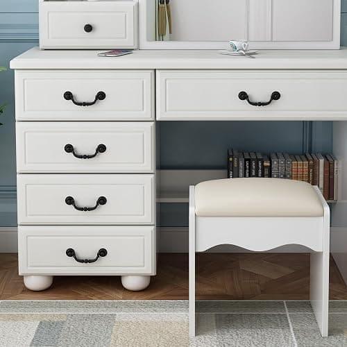 Runboll Makeup Vanity Desk with Mirror and Lights, Dressing Table Set with Stool, Makeup Table with 6 Drawers and Shelves Storage, 3 Lighting Modes, Brightness Adjustable thumbnail 9