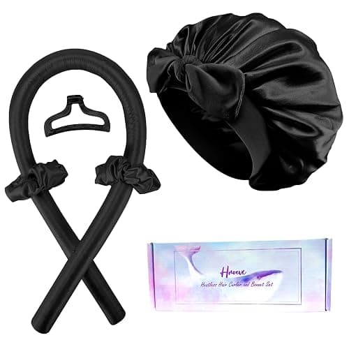 Hroevc No Heat Overnight Curls with Double Layer Satin Bonnet - Soft Hair Curlers to Sleep In, heatless Curling Rods Set + Silk Bonnet for Women & Girls Long Hair, Heatless Waves & Volume (Black) - Image 1
