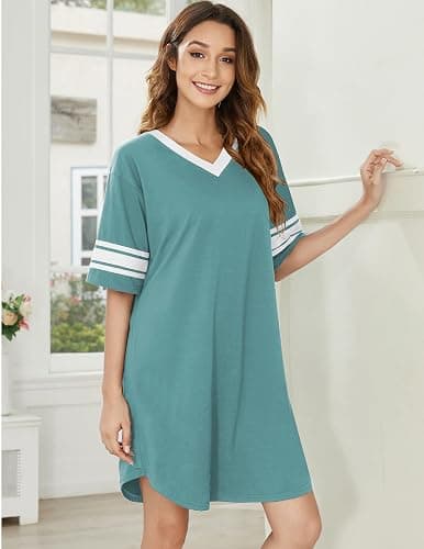 Ekouaer Womens Nightgown Cotton Sleepwear Short Sleeve Sleep Shirt V Neck Color Block Nightshirt thumbnail 2