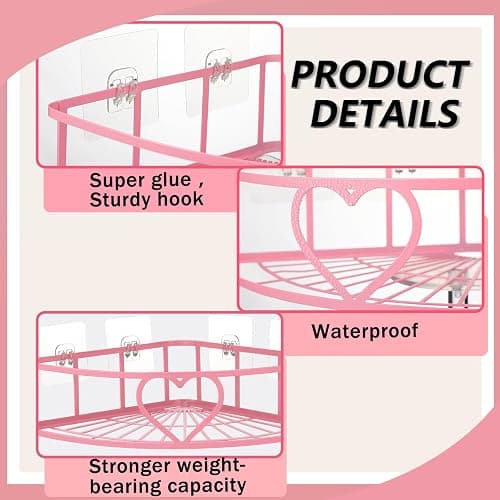 Otoolling 2 Pack Pink Heart Corner Shower Caddy No Drilling Pink Shower Shelves Coquette Corner Caddy with 5 Adhesive Hooks Sweet Decor for Bathroom Kitchen Bedroom thumbnail 3