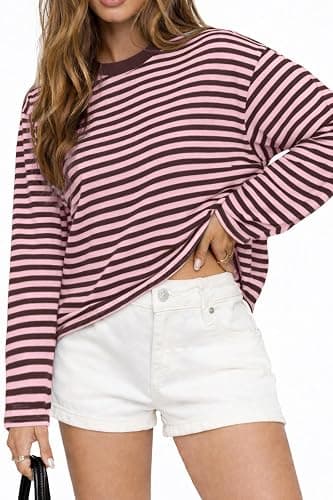 CHYRII Women Oversized Striped Long Sleeve T Shirt Fashion 2026 Crewneck Casual Fall Spring Tops Y2K Clothes thumbnail 2