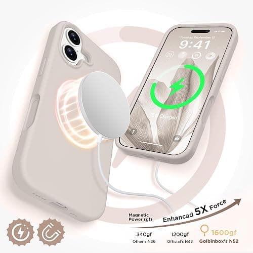 GolbinBox Magnetic for iPhone 17 Case, Compatible with MagSafe, Screen Protector + Camera Lens Protector, Liquid Silicone Shockproof Phone Cover with Anti-Scratch Microfiber Lining, Stone thumbnail 3