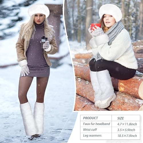 SATINIOR 3 Pieces Faux Fur Headband Set Ear Warmer Headwrap Furry Wrist Cuff Leg Warmers Boot Cuff Accessories for Girls thumbnail 3