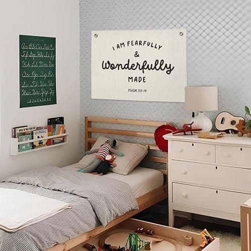Wheatwin Kids Room Decor - Bible Verse Wall Hanging, 'I am Fearfully and Wonderfully Made' Linen Banner, Canvas Decoration for Classroom, Nursery, Kids Room - Psalm 139:14 thumbnail 2