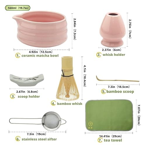 YEEMUOS Matcha whisk Set,7 Pcs Matcha Making Kit with whisk Whisk, Ceramic Bowl, Sifter, Scoop, Holder, Stand, and Tea Towel for Ultimate Matcha Experience(Pink) thumbnail 3