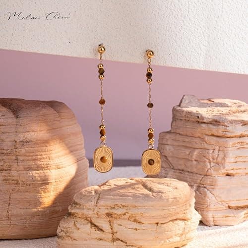 Milan Chiva 14K Gold Plated Mother of Pearl Earrings, Dangle beaded earrings White Gold Black Charm Drop Statement Dainty Jewelry, Minimalist Square Dangle Hoop Huggie beaded Earrings for Women Trendy thumbnail 4