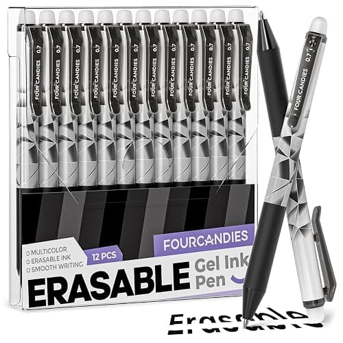 Four Candies Black Erasable Pens, 0.7 mm Fine Point Pens, 12 Pack | Make Mistakes Disappear, Erasable Pens Black, Retractable Erasable Pens for School, Journaling & Office Writing - Image 1