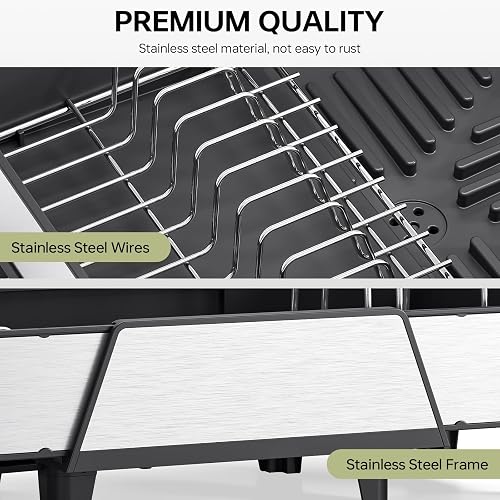 Urackify Large Dish Drying Rack - Triple Expandable Dish Rack for Kitchen Counter, Stainless Steel Sink Organization and Storage Essentials with Utensil & Pans Holder for Home and Appartment, Black thumbnail 6