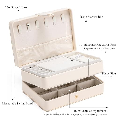 Travel Jewelry Case, 2-Layer Large Jewelry Organizer Box, Beige, PU Leather | Simple & Fashion, Travel Size, Gifts for Mother, Portable Jewelrys Storage Display Holder for Earrings, Necklaces, Bracelets thumbnail 5