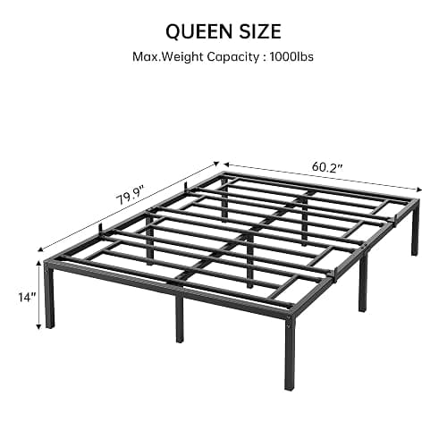 SunnyFurn Queen Bed Frame,14 Inch Queen Size Metal Bed Frames, Heavy Duty Steel Slat, No Box Spring Needed, Mattress Foundation, Easy Assembly, No Noise and No Shaking thumbnail 2