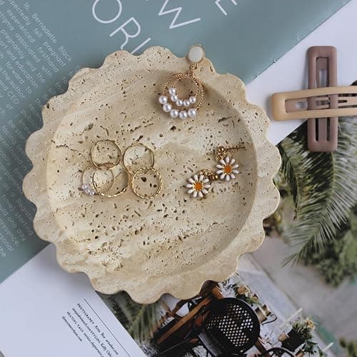 Natural Small Travertine Scalloped Edge Tray 6.3", Marble Jewelry Dish, Trinket Tray for Women Gift thumbnail 2