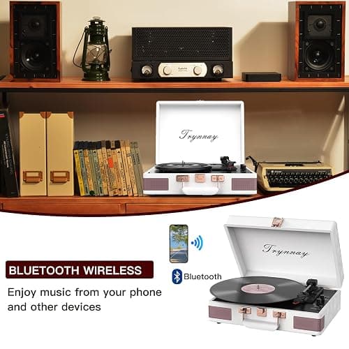 Trynnay Tourne-Disque Portable Bluetooth à 3 Vitesses avec Haut-parleurs intégrés, Tourne-Disque, Son Audio amélioré, Cuir ciré, Blanc thumbnail 3