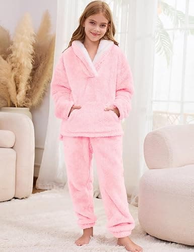 Kissonic Girls Fuzzy Pants Set Lapel Collar Pullover Fluffy Sweatshirt Fleece Pants Sweatsuit 2 Piece Outfits thumbnail 2