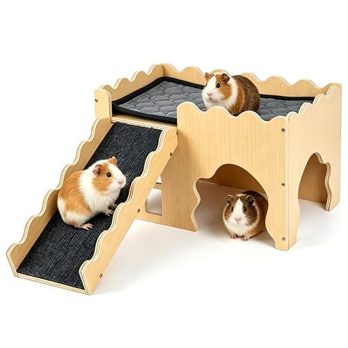 Wooden Guinea Pig Hideout Cave House, Guinea Pig Castle with Natural Cave-Style Entrance, Large Small Animal Habitat with Stairs, Waterproof Liner, Easy Assembly for Guinea Pigs, Rabbits & Hamsters - Image 1