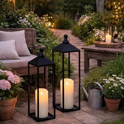 22'' 19'' Large Lanterns Decorative Outdoor Indoor, Set of 2 Black Metal Candle Lanterns Modern Farmhouse Floor Lanterns Decorative for Home Decor, Mantle, Fireplace, Patio, Porch, Garden thumbnail 7