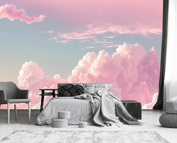 ELGADO Pink Clouds 3D Wall Mural, Sky Scenery Removable Self-Adhesive Wallpaper Wall Decoration Murals, for Boys Girls Kids Room Living Room TV Sofa Backdrop Decor,48" W x36 H thumbnail 2