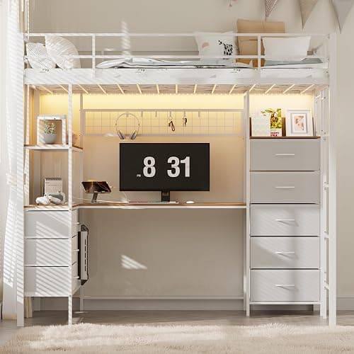 SAHISTCT Twin Size Loft Bed with Desk, LED Lights, Charging Station, Industrial Loft Bed Frame with 3 Storage Shelves and 8 Fabric Drawers, Safety Guard & Ladder,LED Metal Twin Size Bunk Bed (White) thumbnail 9