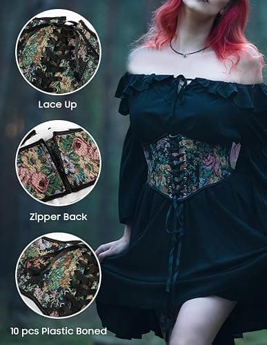 Scarlet Darkness Corset Belt for Women Floral Lace Up Boned Underbust Corset Waist Belts - Midnight Garden - 12 thumbnail 3