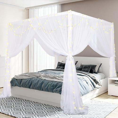 South To East White Canopy Bed Curtains, 4 Corner Post Queen King Bed Canopy for Girls & Adults, Top Luxurious Bed Drapes for Bedroom Decoration, 4 Openings, 100% Ripstop Polyester, Easy Install thumbnail 7