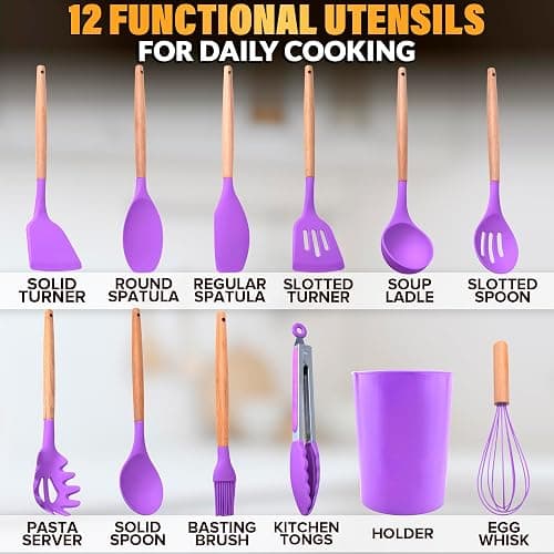 12 Pcs Purple Kitchen Accessories Set with Holder, Silicone Heads | Purple Kitchen Utensils Set for Cooking and Baking; Wooden Handles; Heat-Resistant up to 446°F; Non-Scratch for Nonstick Pans thumbnail 2