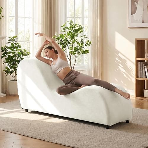 Mjkone 60.6" W Yoga Sofa Chair Chaise Lounge Chairs Indoor for Adults Bedroom Yogas Stretching, Curved Velvet Yoga Lounges Chaise Chair for Living Room Relaxing Apartment Exercising, Beige - Image 1