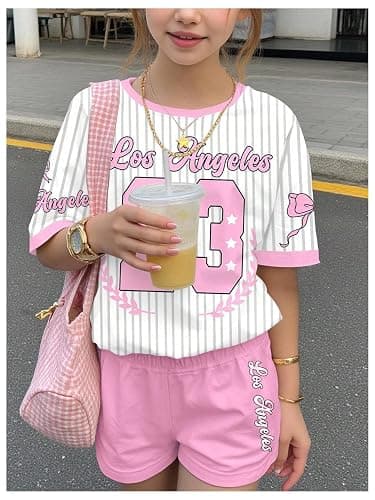 Floerns Girl's 2 Piece Outfits Graphic Print Drop Shoulder Tee & Contrast Binding Track Shorts Clothing Set thumbnail 3