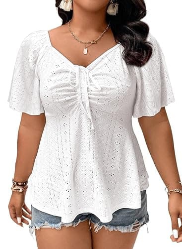 Eytino Womens Plus Size Tops Sweetheart Neck Short Sleeve Eyelet Embroidery Summer Loose Peplum Shirts(1X-5X) - Image 1