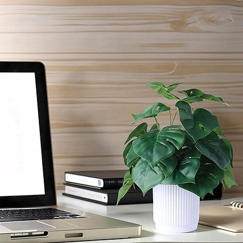 HOFMEFY Artificial Monstera Potted Plant Realistic Fake Plants Home Greenery Table Decor with White Ridged Plastic Pot 31CM Tall Fake Tropical Palm Tree Bigger Leaves - 10in thumbnail 4