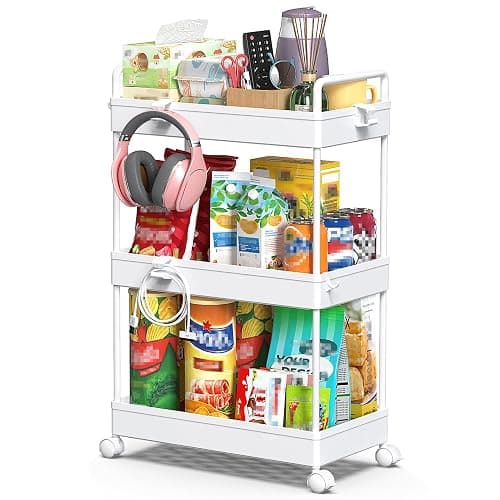 SOLEJAZZ 3 Tier Rolling Storage Cart with Wheels Slim Craft Nail Makeup Snack Art Baby Utility Cart Organizer on 2 Lockable Wheels for Bathroom Laundry Room Kitchen Bedside Narrow Spaces, White thumbnail 8