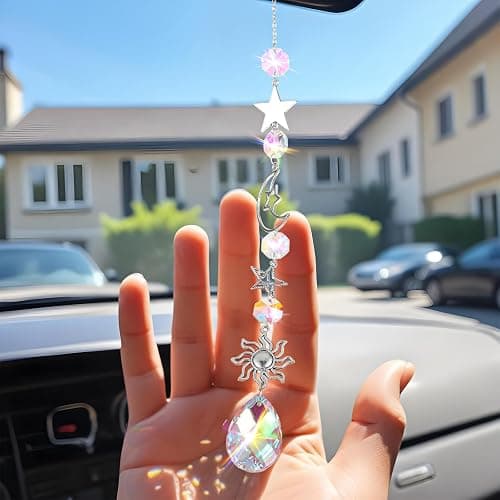 AOZUO Moon and Star Rear View Mirror Charm, Crystal Boho Car Hanging Decor Cute Suncatcher Healing Car Ornaments for Women Men - Image 1