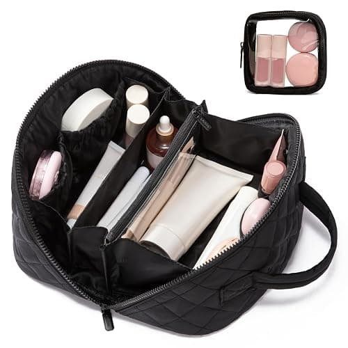 LOVEVOOK Travel Makeup Bag for Women, 2Pcs Puffer Waterproof Cosmetic Organizer, Large Capacity Pouch Open Flat Small Toiletry Bag with Brush Compartment & Handle (Black, Medium) - Image 1