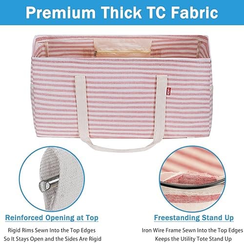 LHZK Standing Extra Large Utility Tote Bag with Metal Wire Frame and the Sides Rinforced, Extra Large Tote Bag with Handle, Reusable Grocery Bags Foldable, Beach Bag, Car Tote (Pink) - Pink - 22.5''x10.5''x12''-1 Pack thumbnail 3