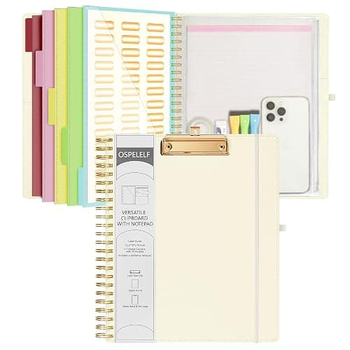 Ospelelf Foldable Spiral Clipboard Folio with Storage Zipper Pouch, 5 Plastic Folders with 10 Pockets, Refillable Lined Notepad (11" x 8.5"), Linen Hardcover Project Organizer (Beige) - Image 1