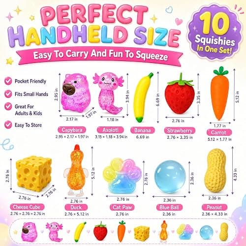 10 Pack Squishy Toys Fidget Squeeze Sugar Filled Squishies Slow Rise Crunchy Set Stress Ball Glitter Color Changing Capybara Axolotl Cheese Duck Strawberry Carrot Banana Coconut Cat Shaped Squishers thumbnail 4