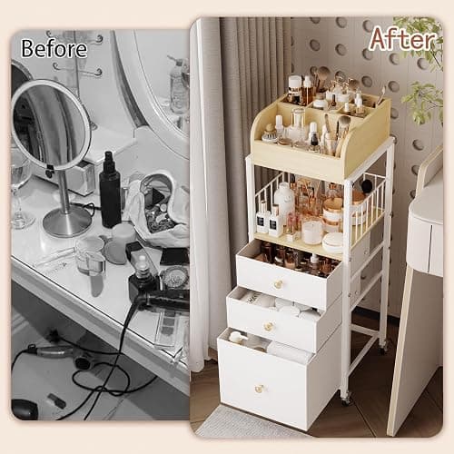 Makeup Organizer Cart with Drawers, Make up Organizers for Vanity, Floor Skincare Organizers- for Cosmetics, Nail Polish, Art Supply, Bathroom Vanity Desktop Organizer (White) thumbnail 7