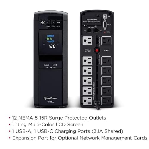 CyberPower CP1500PFCLCD PFC Sinewave UPS Battery Backup and Surge Protector | 1500VA/1000W, 12 Outlets, AVR, Mini Tower, UL Certified thumbnail 3